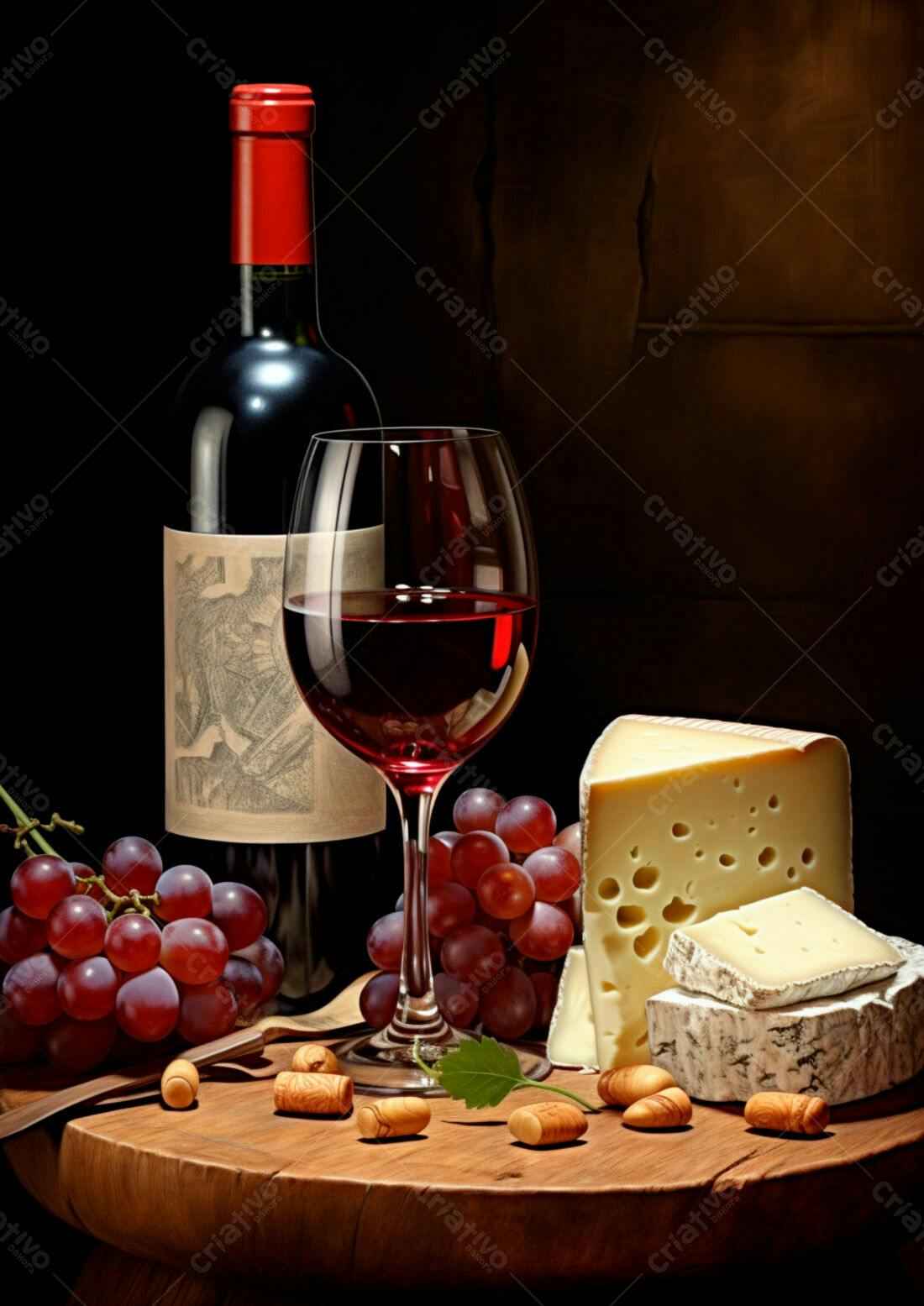 Vinho tinto queijo e uvas em mesa rústica