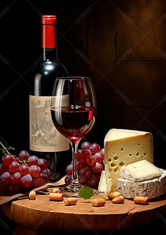 Imagem de uma garrafa de vinho tinto com queijo e uvas ao lado 23