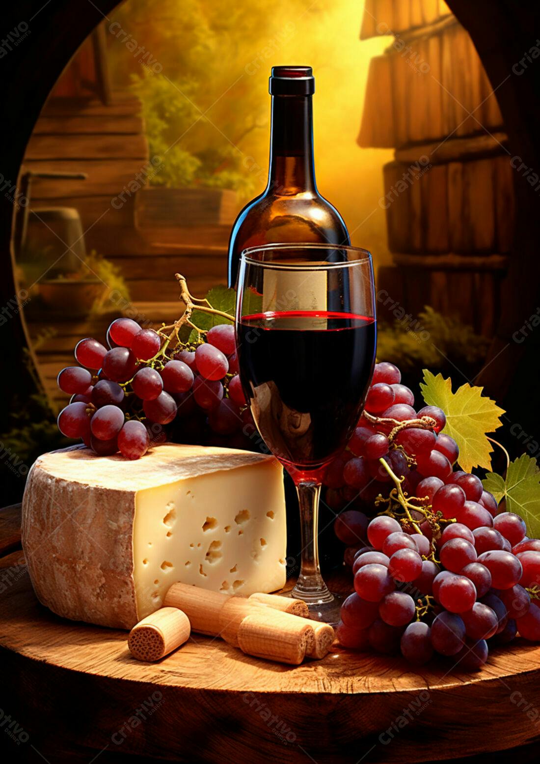 Queijo vinho e uvas em barril de madeira