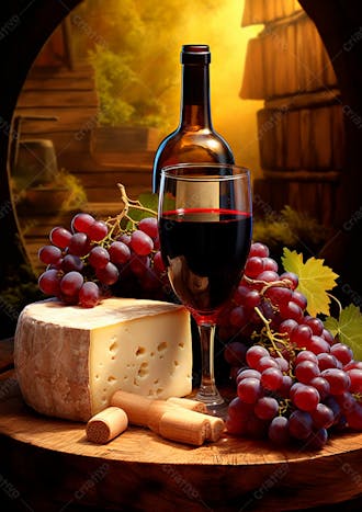 Imagem de uma garrafa de vinho tinto com queijo e uvas ao lado 24