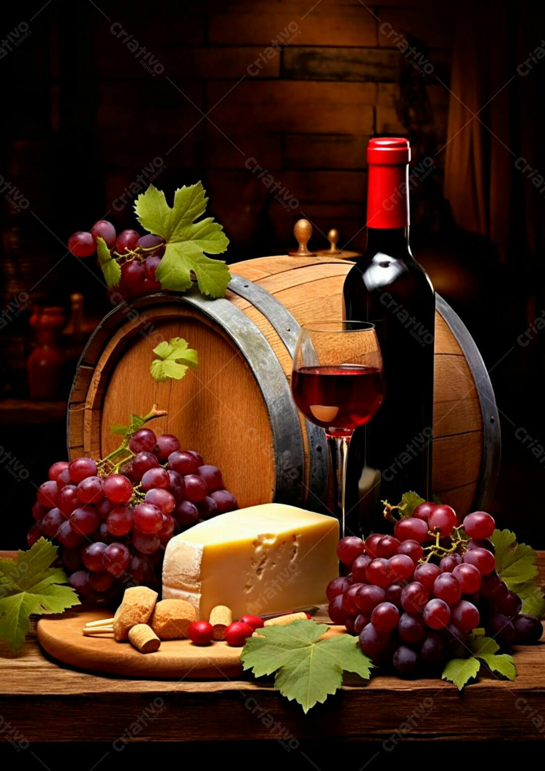 Vinho tinto queijo e uvas em barril