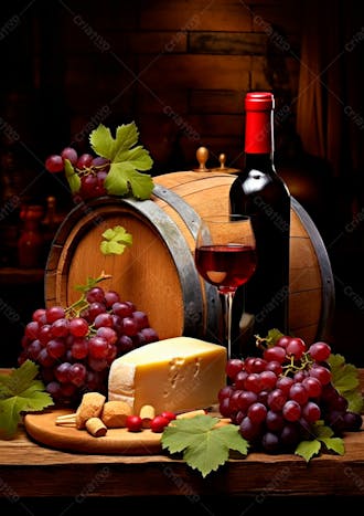 Imagem de uma garrafa de vinho tinto com queijo e uvas ao lado 25