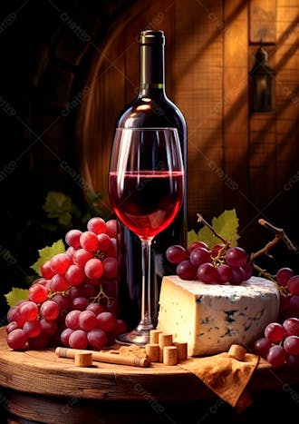 Imagem de uma garrafa de vinho tinto com queijo e uvas ao lado 26