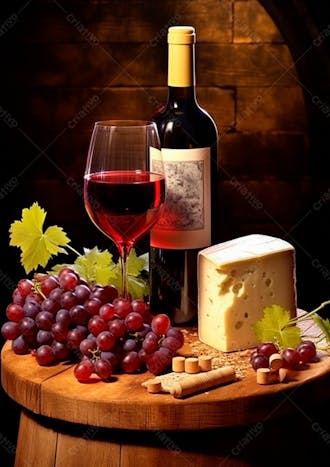 Imagem de uma garrafa de vinho tinto com queijo e uvas ao lado 27