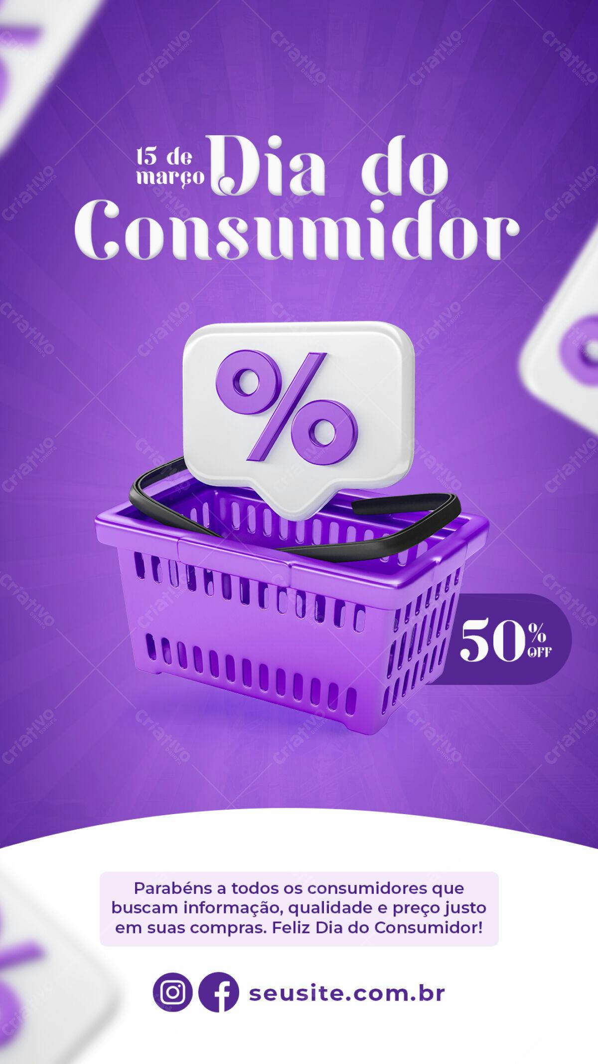 Flyer Dia do Consumidor com cesta roxa PSD Editável