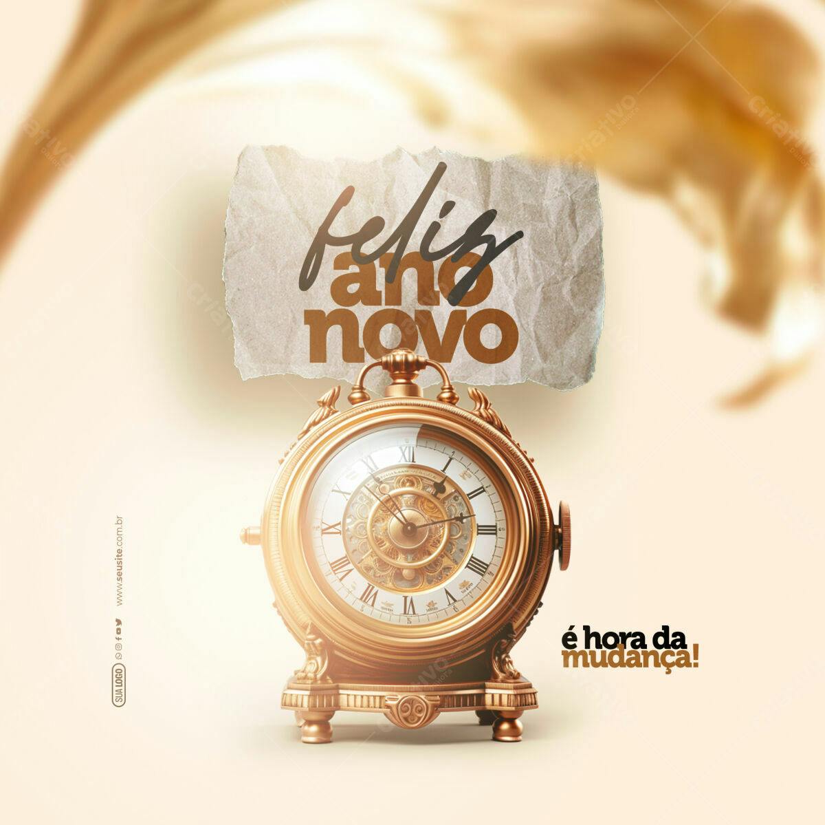 Flyer Ano Novo com Relógio Dourado PSD Editável