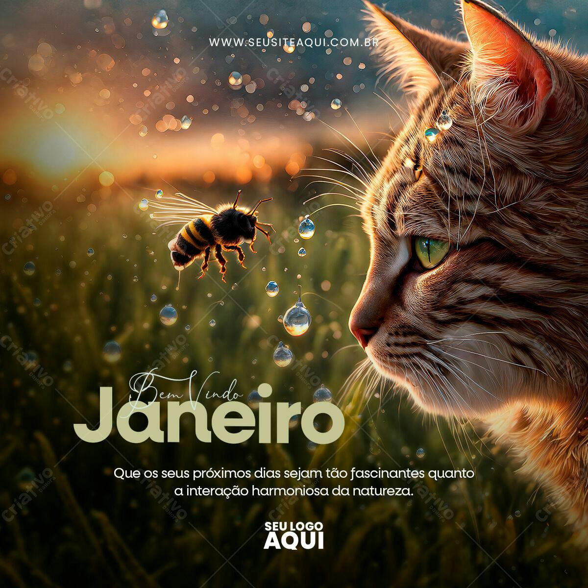 Postagem Janeiro com Gato e Abelha PSD Editável