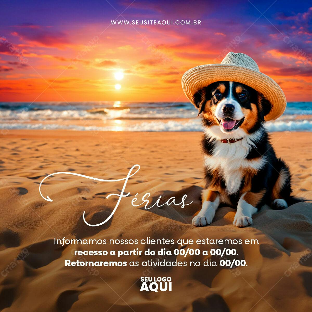Postagem de Férias com Cachorro na Praia PSD Editável