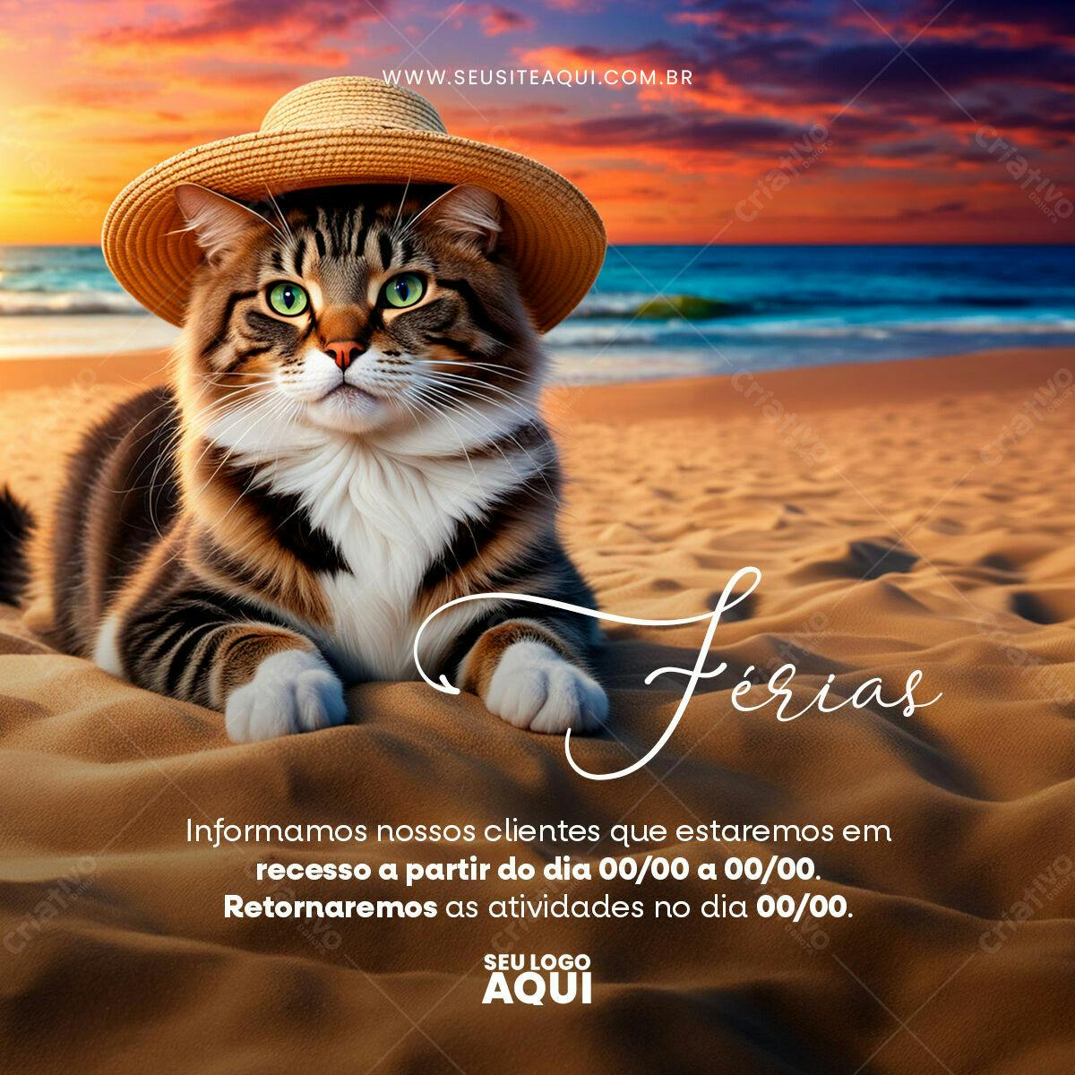 Post de Férias com Gato na Praia PSD Editável