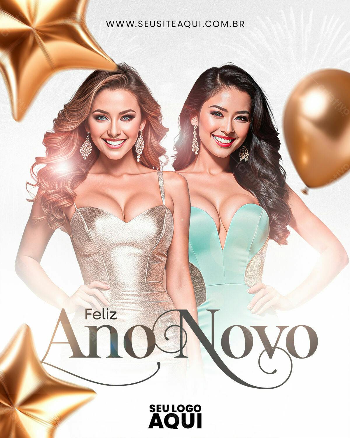 Flyer Ano Novo com Mulheres em Vestidos Dourado e Verde Água PSD Editável
