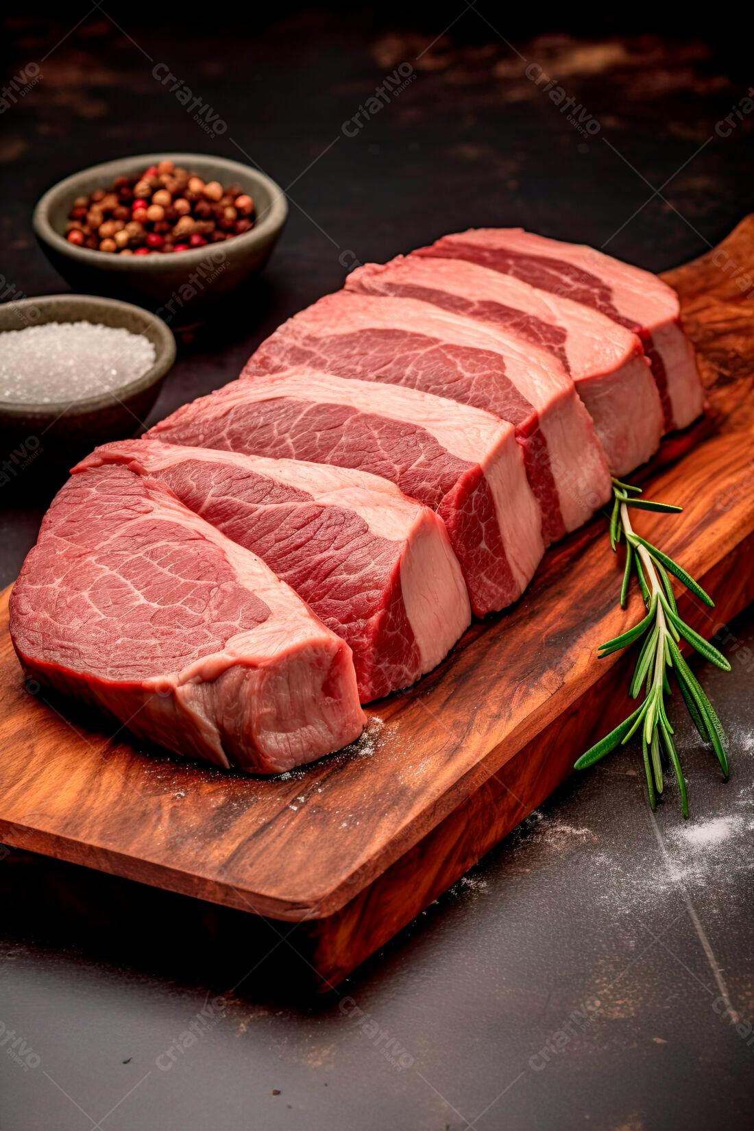 Filés de carne vermelha em tábua de madeira