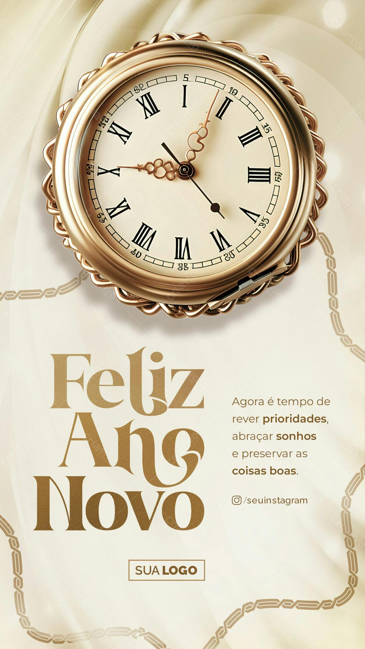 Flyer Feliz Ano Novo com Relógio Dourado PSD Editável