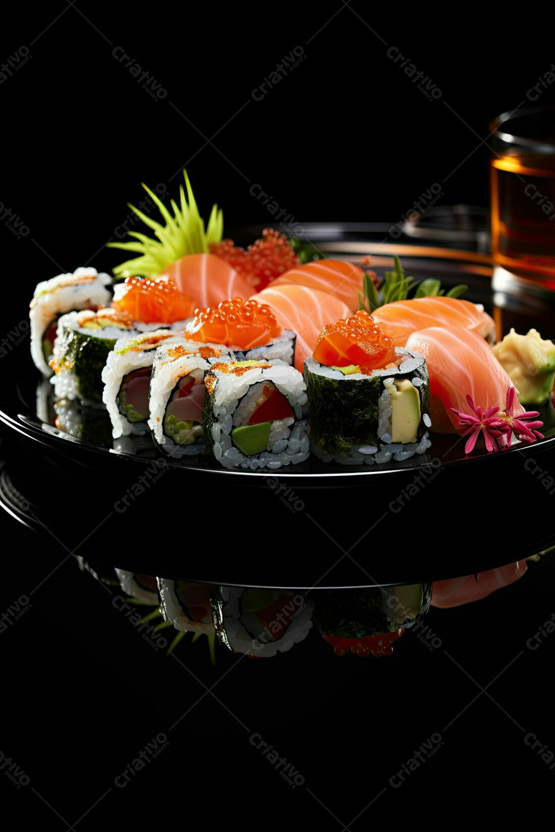 Sushi variado com salmão e acompanhamentos