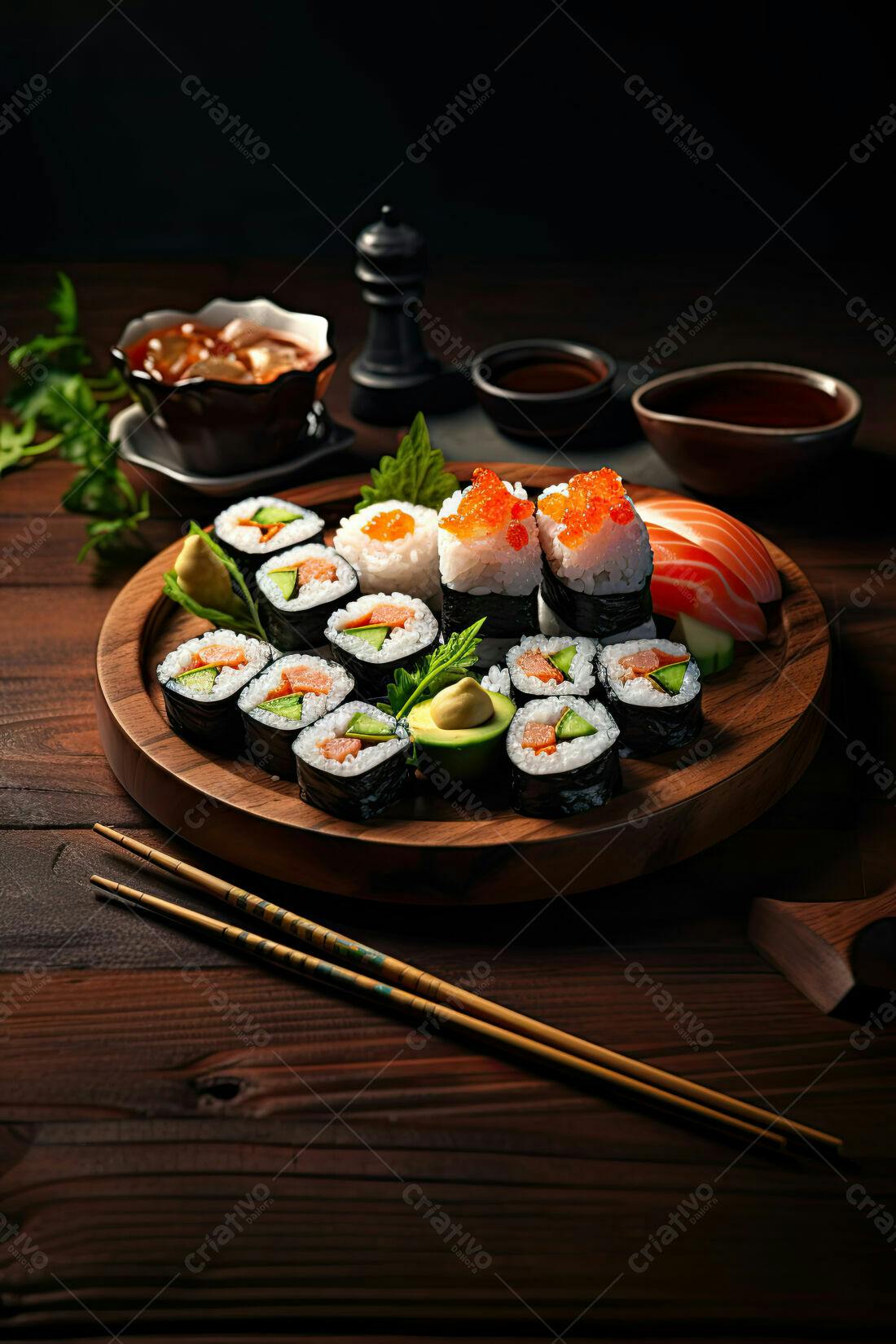 Sushi variado em prato de madeira