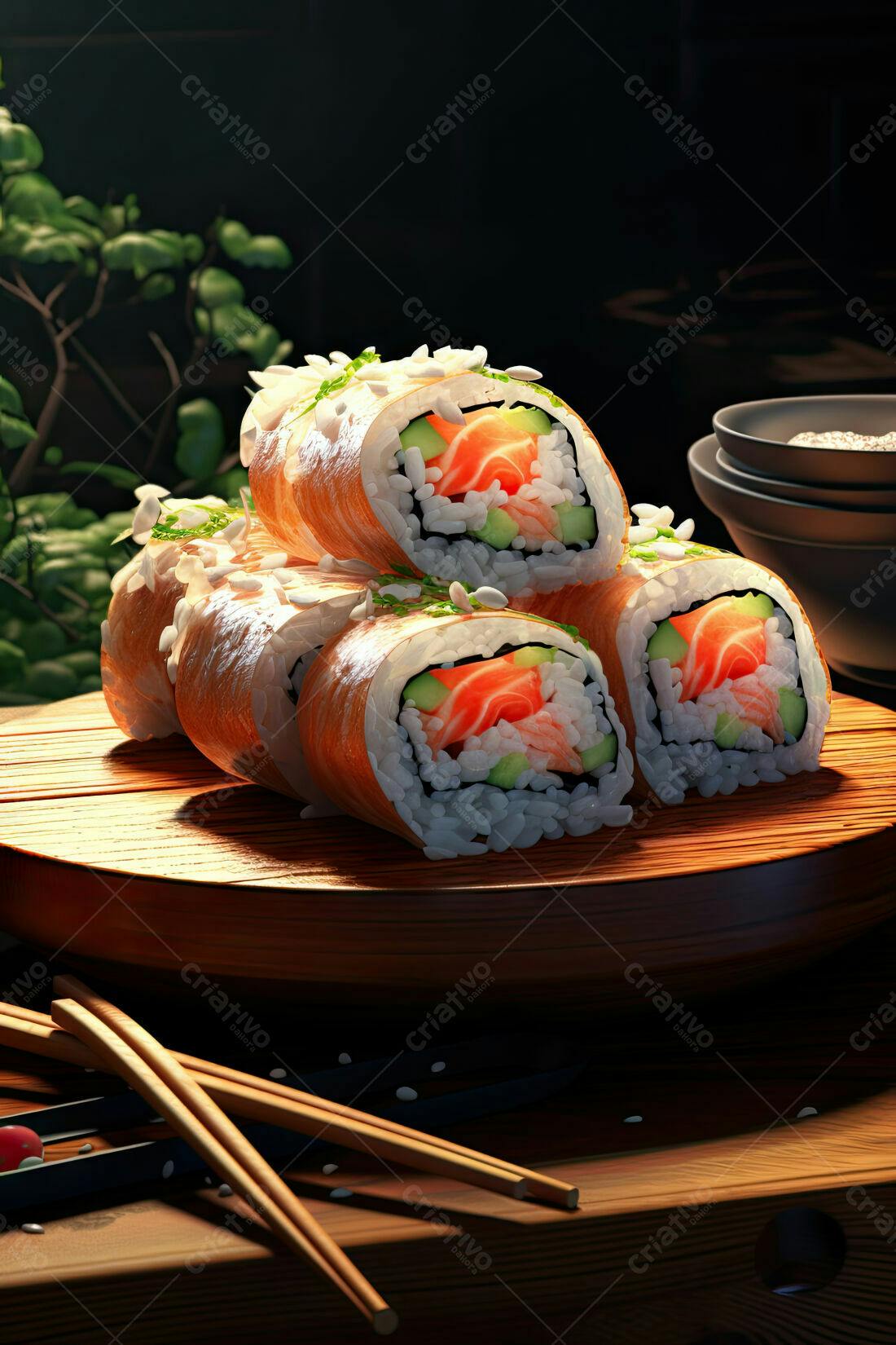 Sushi Salmão Frescos em Prato de Madeira