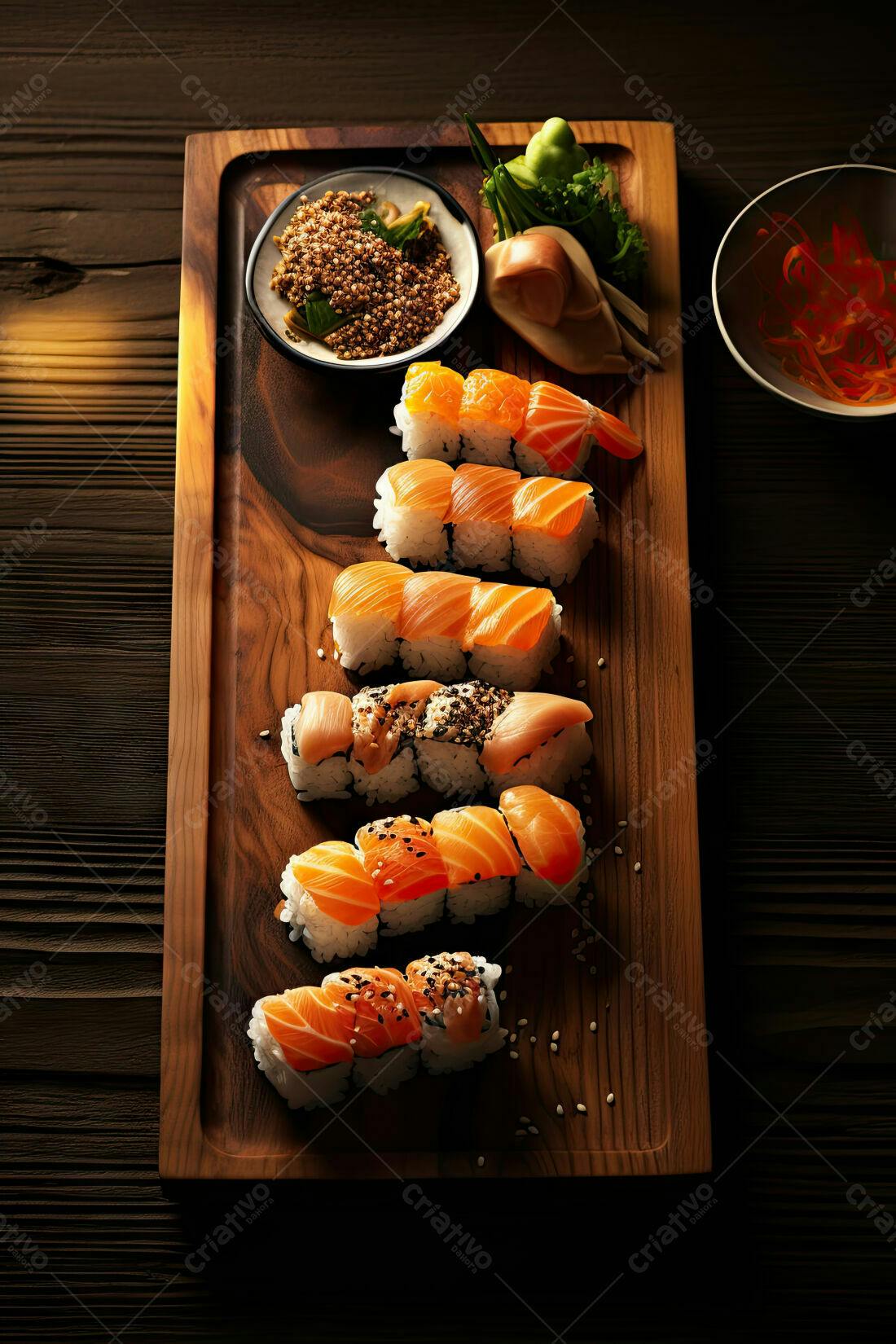 Sushi de Salmão com gergelim em tábua de madeira