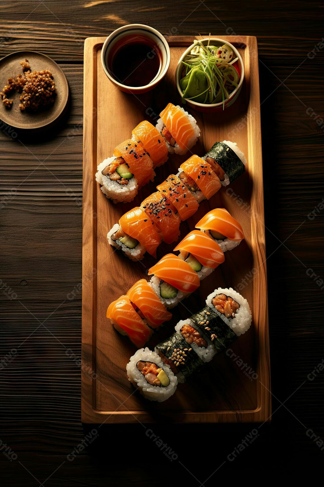 Sushi Salmão e Uramaki em Tábua de Madeira