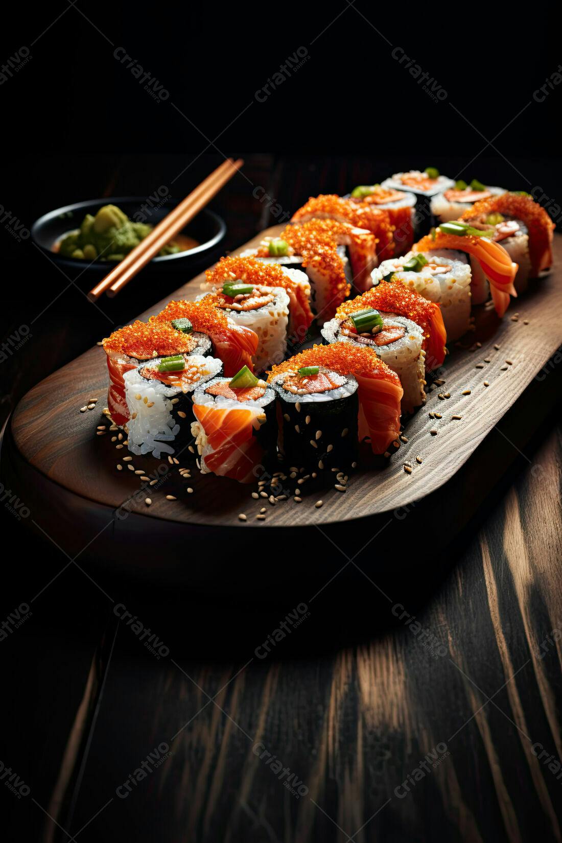 Sushi com salmão e tobiko em tábua de madeira