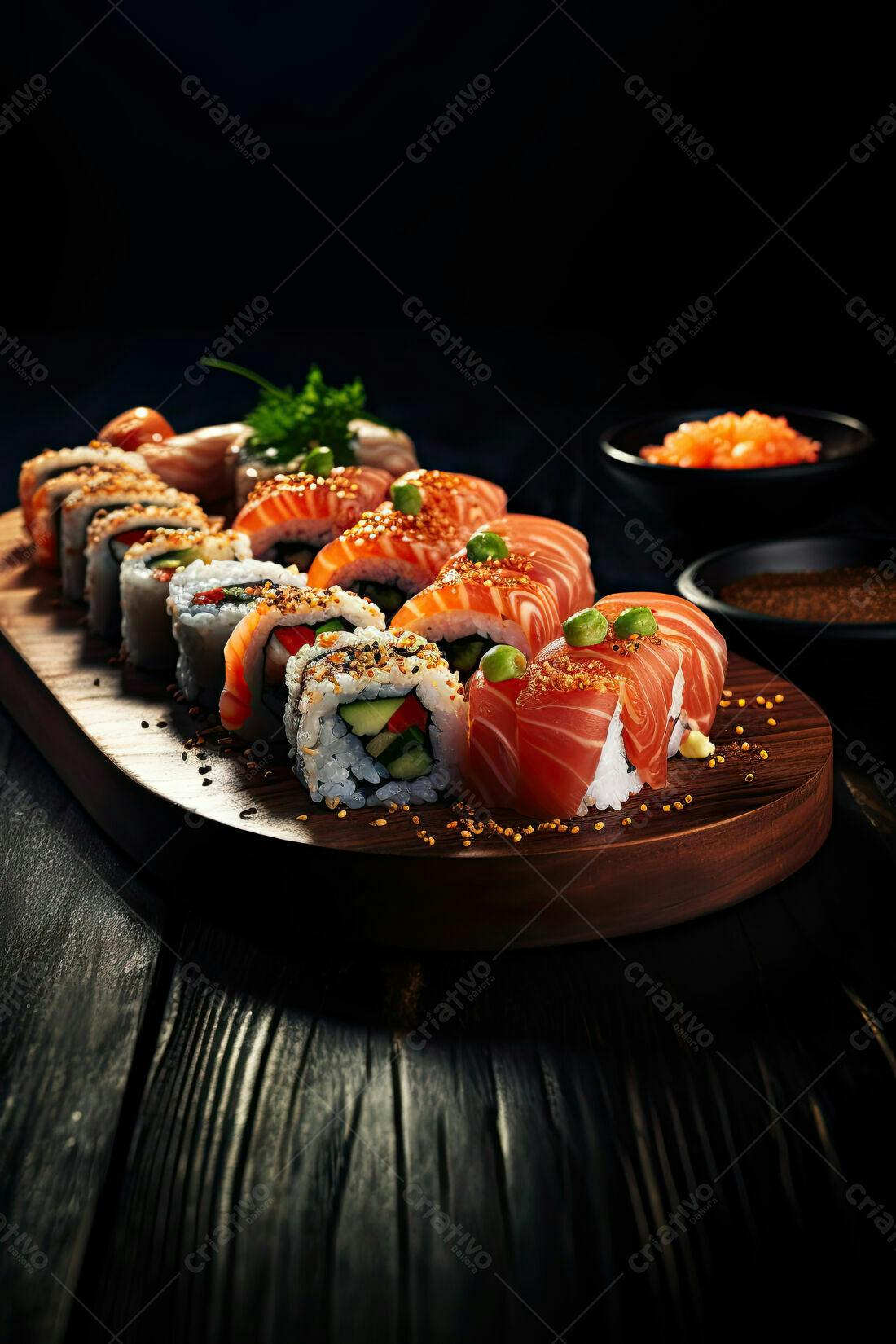Sushi variado em tábua de madeira escura