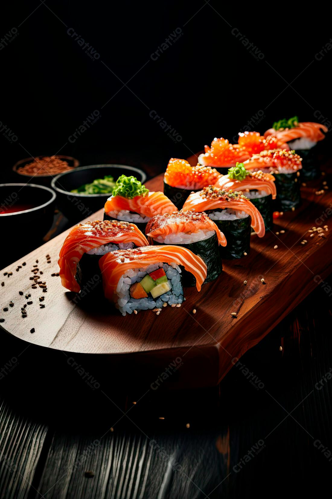 Sushi de Salmão com Ovas em Tábua de Madeira