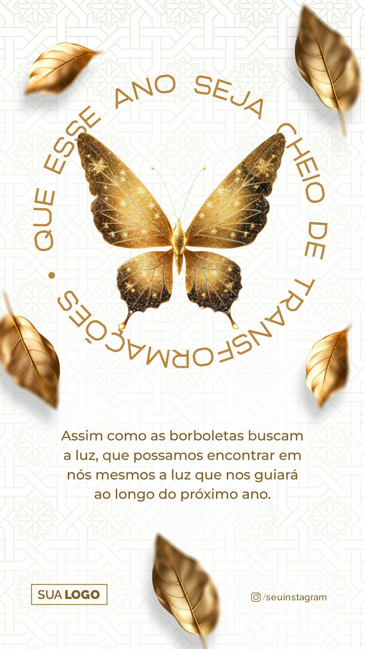 Flyer Ano Novo Dourado com Borboleta PSD Editável