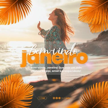 Bem vindo janeiro! férias. paz e amor social media post