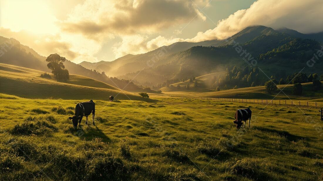 Vaca pastando em campo verde ao pôr do sol