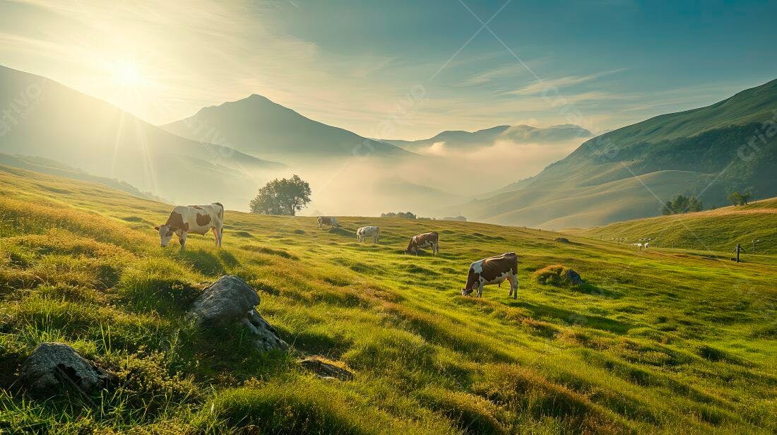 Vacas pastando em campo verdejante ao amanhecer
