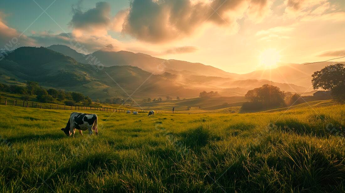 Vaca pastando em campo ao pôr do sol