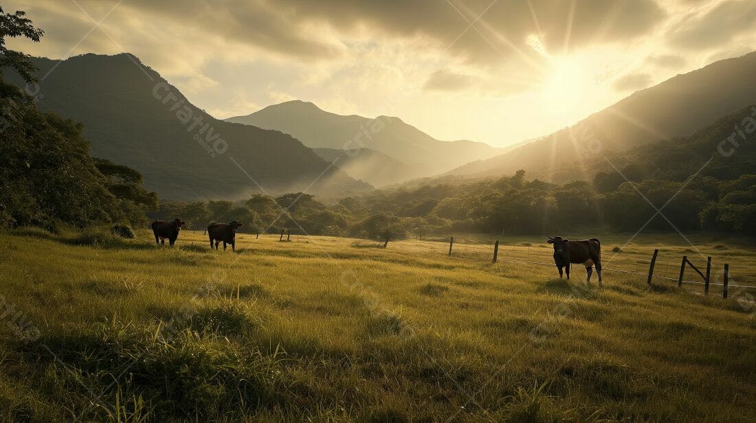 Vacas em pasto ao entardecer montanhoso