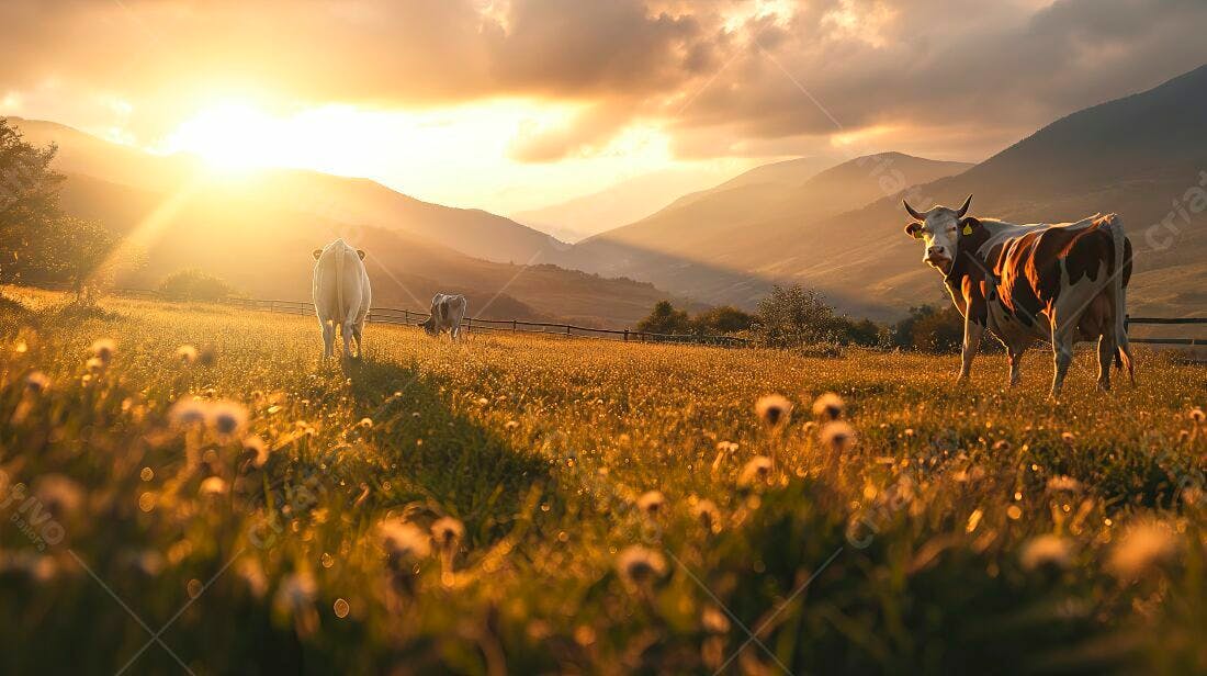 Vacas pastando ao pôr do sol montanhoso