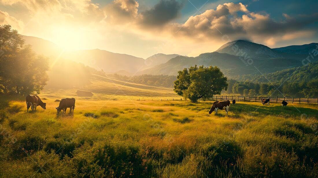 Vacas pastando em campo montanhoso ao pôr do sol