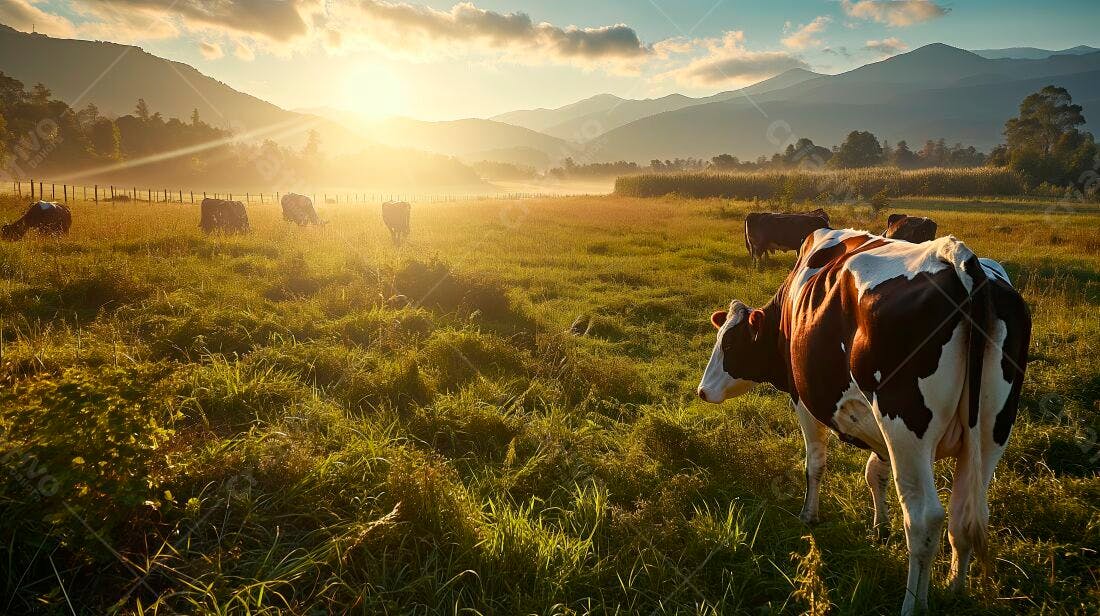 Vacas pastando ao nascer do sol em campo montanhoso
