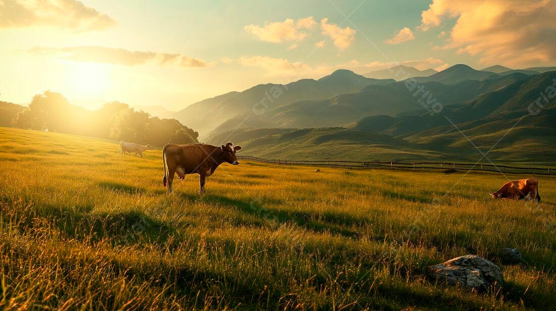 Vacas pastando ao pôr do sol montanhoso