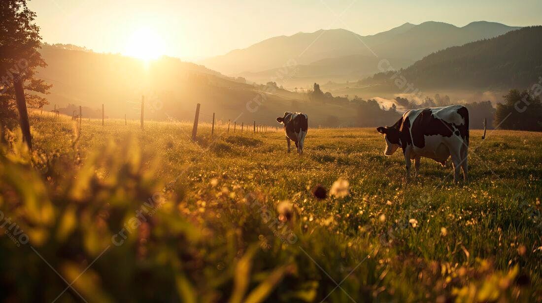 Vacas em pasto ao nascer do sol montanhoso