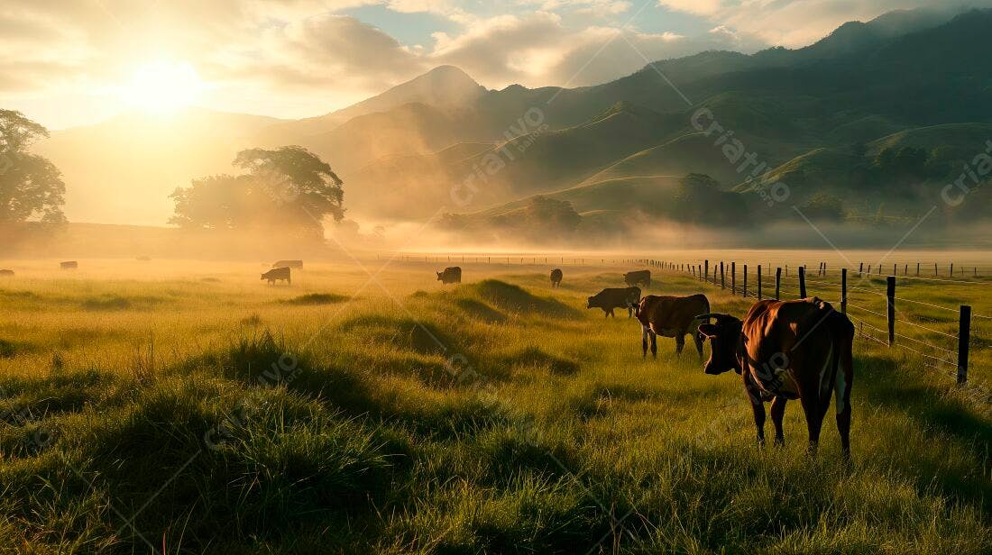 Vacas em pasto ao amanhecer montanhoso