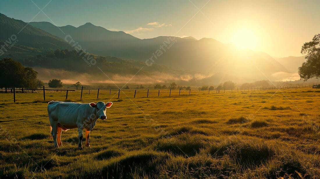 Vaca branca em pasto ao amanhecer