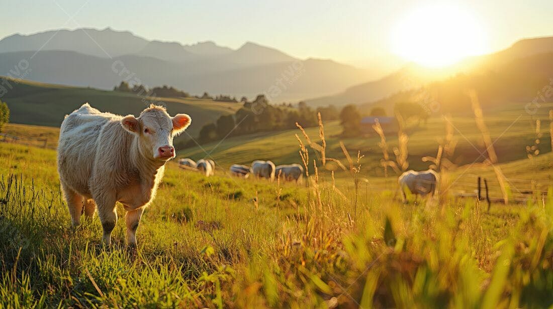 Vaca branca em pasto ao pôr do sol