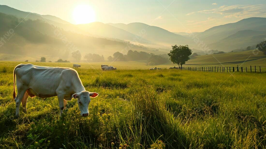 Vaca branca pastando em campo verde ao amanhecer