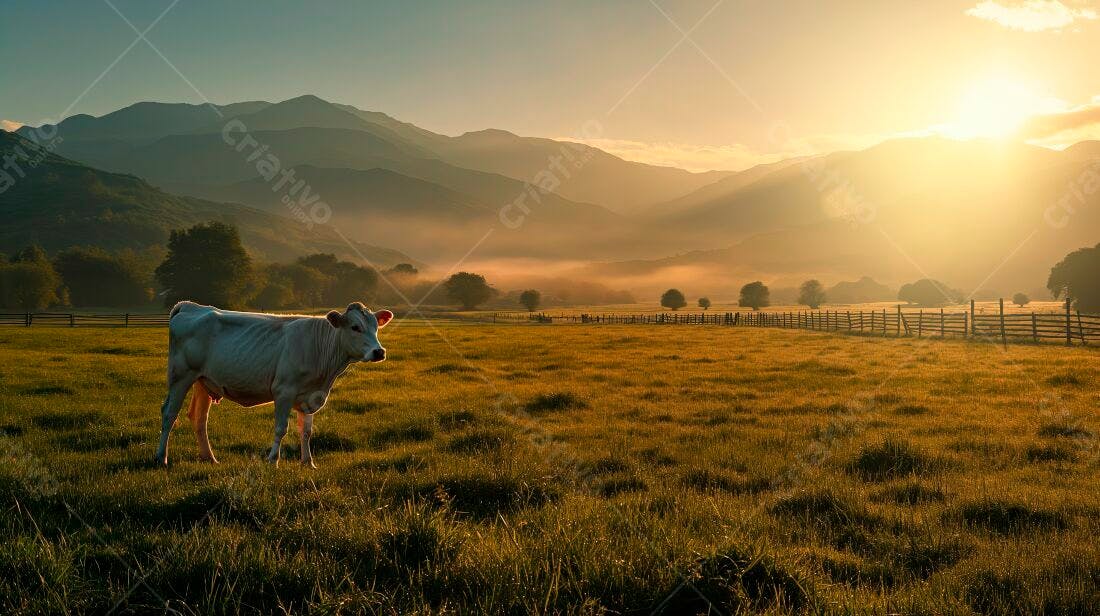 Vaca branca em pasto ao amanhecer