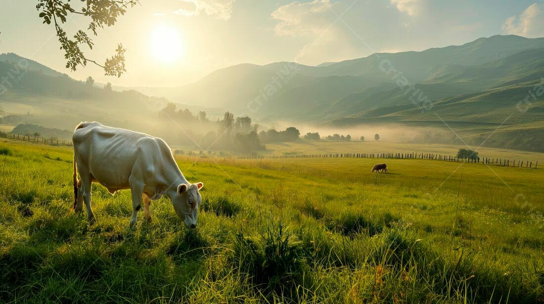 Vaca branca pastando em campo verde ao amanhecer
