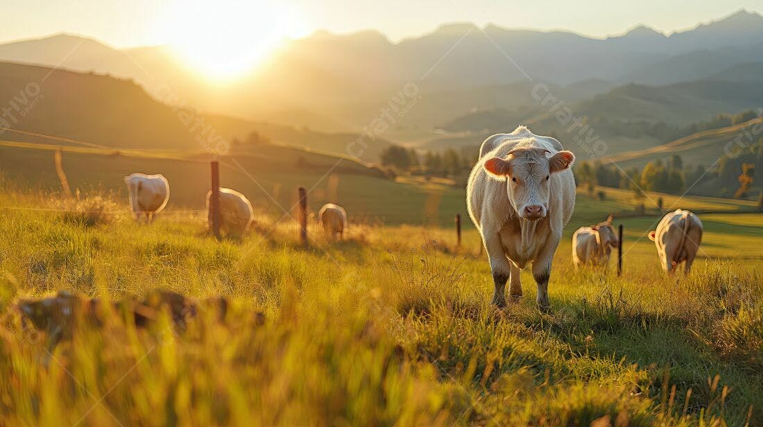 Vaca branca em pasto ao pôr do sol