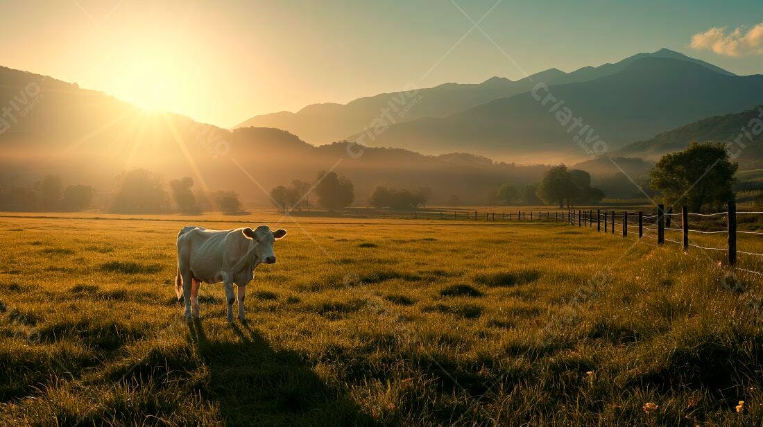 Vaca branca em pasto ao amanhecer