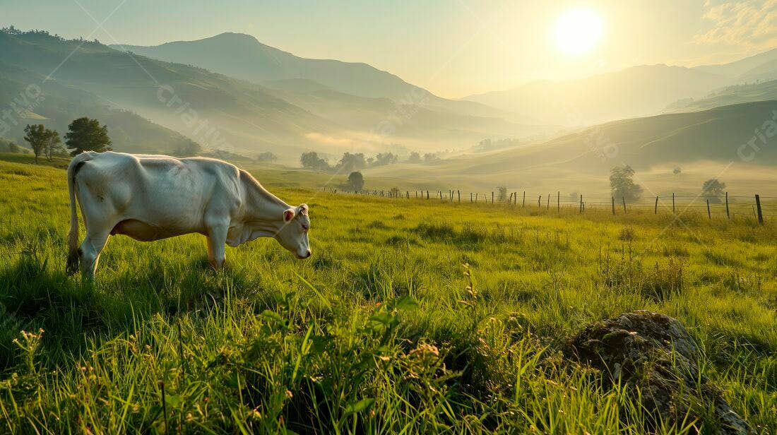 Vaca branca pastando em campo verde ao amanhecer