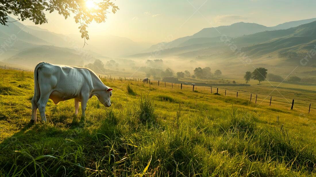 Boi branco em pasto ao amanhecer