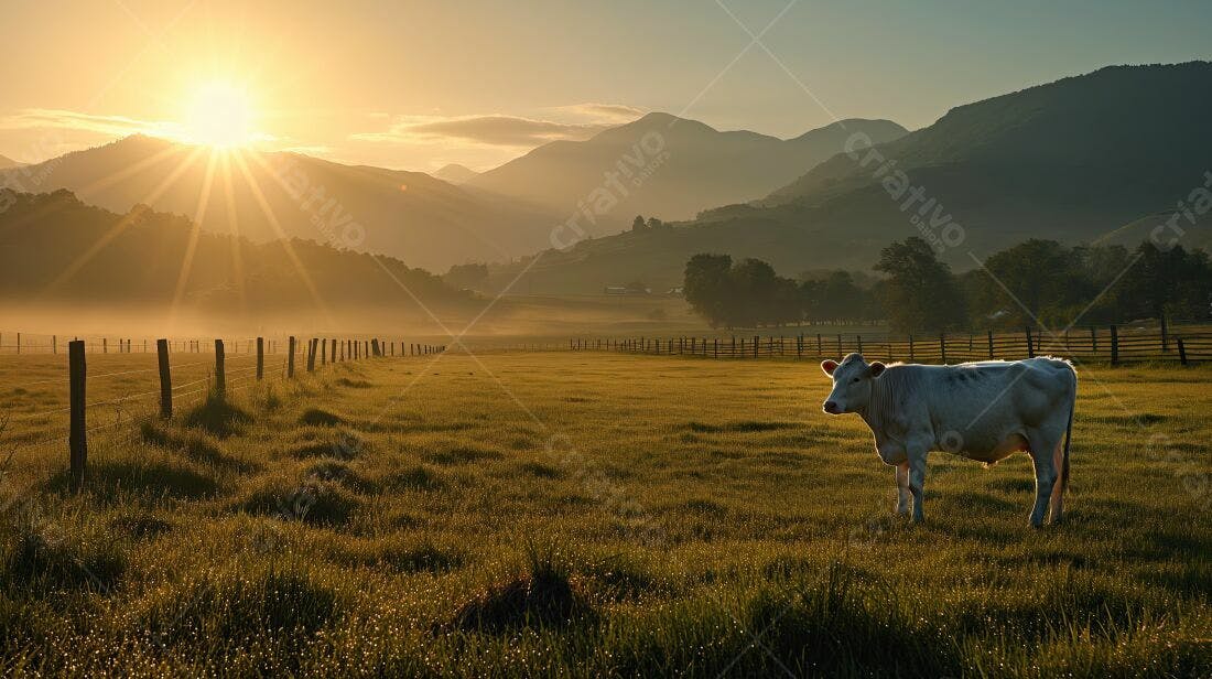 Vaca branca em pasto ao nascer do sol