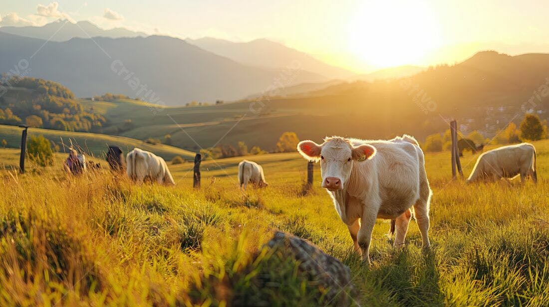Vaca branca em pasto ao entardecer
