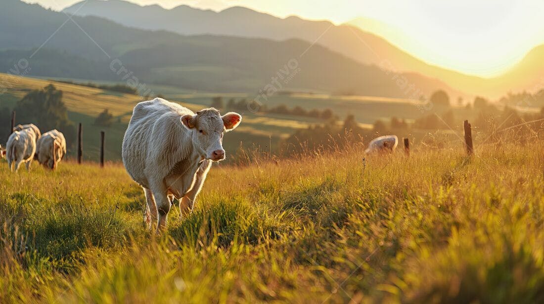 Vaca branca em pasto ao pôr do sol