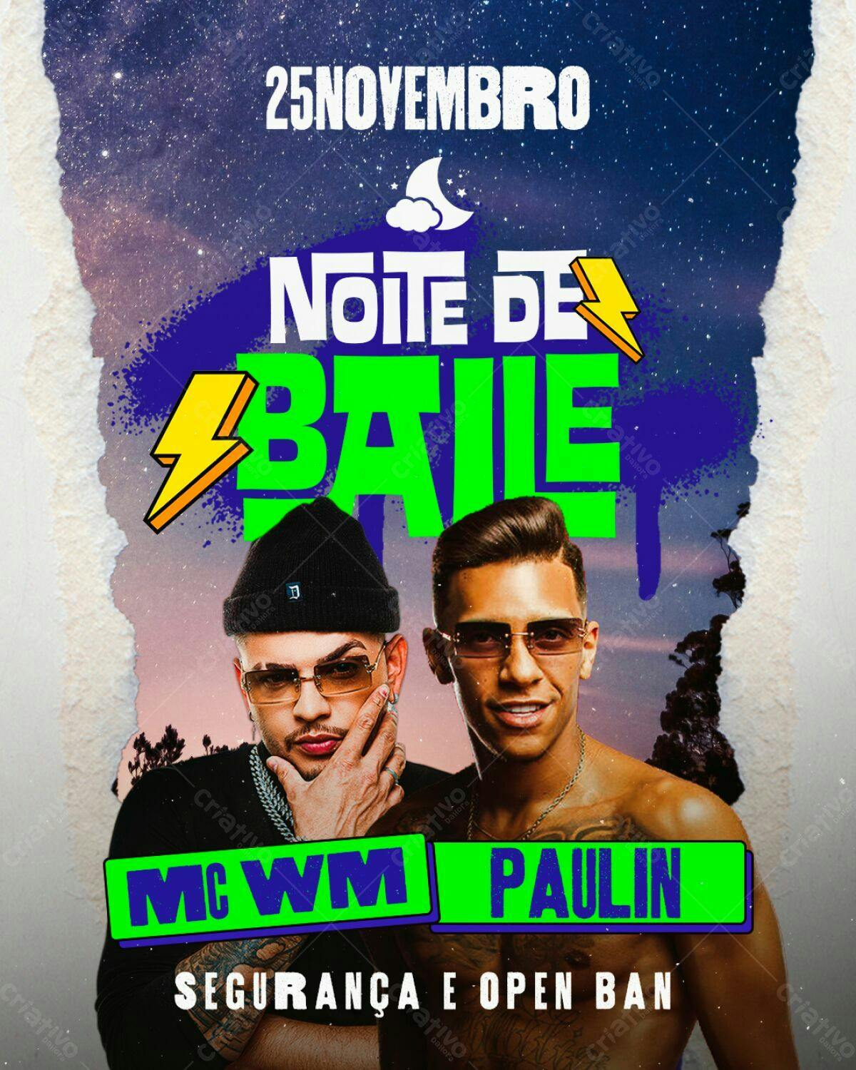Flyer Noite de Baile com MC WM e Paulin PSD Editável