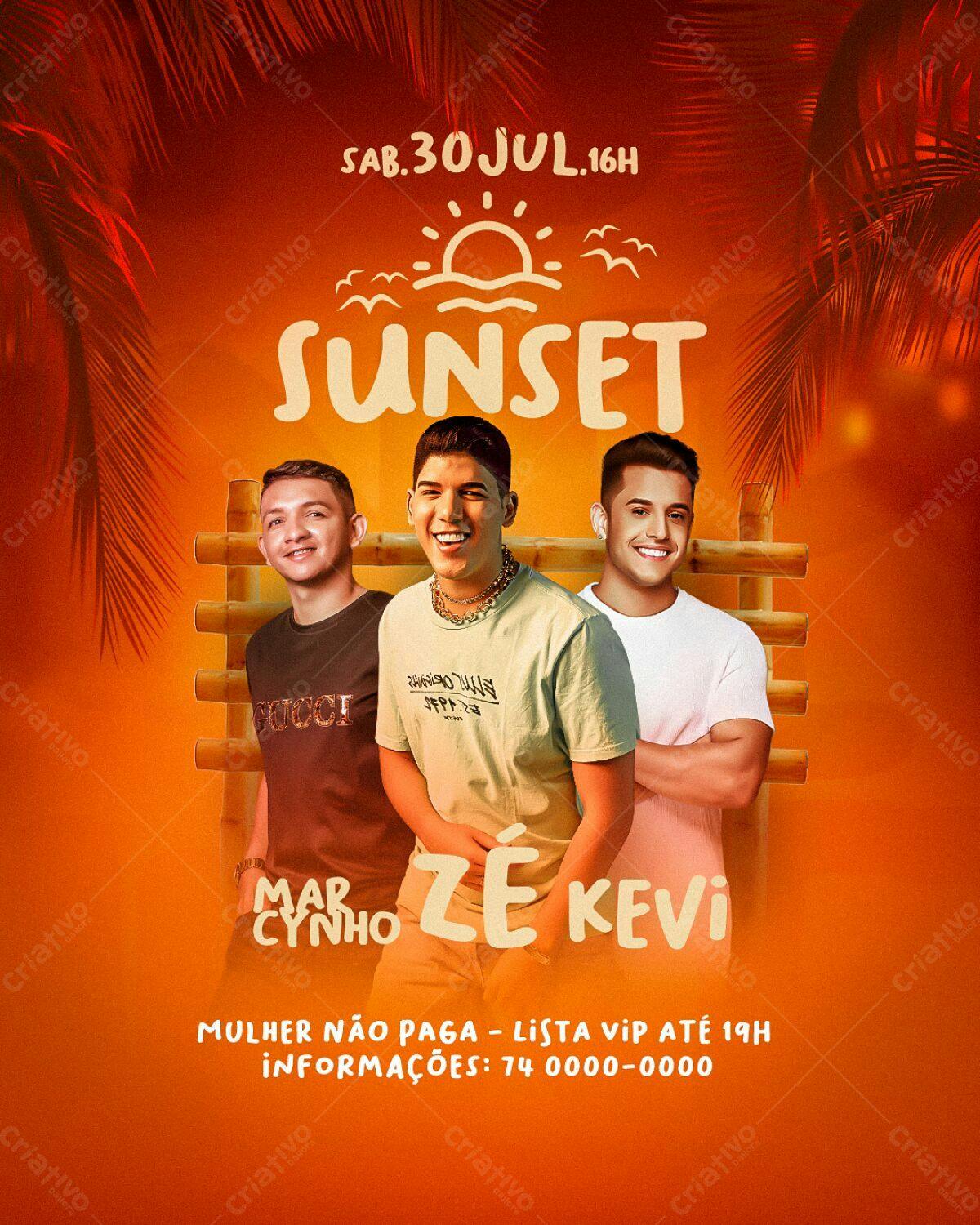 Flyer Festa Sunset com Mar, Zé e Kevi PSD Editável